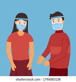Man and woman wearing face mask and a plastic medical face shield with city building on background. Close up shot girl and guy wearing Covid-19 coronavirus protective mask. Virus protection equipment.