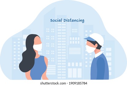 Man and woman wearing face mask and keep social distancing to protect from covid-19 prevention vector illustration