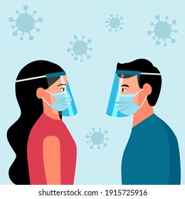 Man and woman wearing face mask and a plastic medical face shield around with virus cells. Close up shot girl and guy wearing Covid-19 coronavirus protective mask. Virus protection equipment.