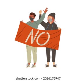 Man and Woman Wearing Face Mask as Protection Against Air Toxic Pollution Protesting Against Environment Contamination Vector Illustration