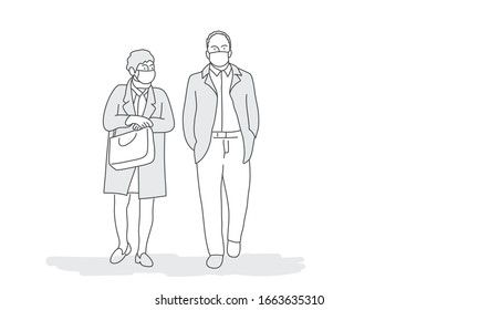 Man and woman wearing face masks, air pollution, contaminated air. Hand drawn vector illustration.