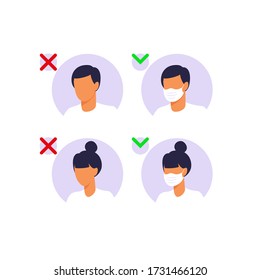 Man and woman wearing face masks. Stop pandemic concept. People wearing protection from virus, urban air pollution, smog, vapor, pollutant gas emission. Vector illustration in flat.