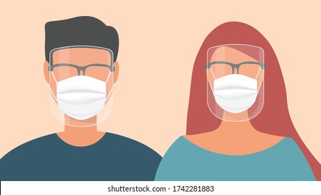 Man And Woman Wearing A Face Shield And A Face Mask To Protect Himself From The Coronavirus.