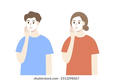 Man and woman wearing facial mask on face. Beauty, cosmetic, skincare, treatment, lifestyle, cleansing, hygiene concept. Flat people character vector design illustration. 