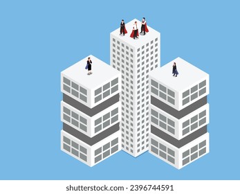 man and woman wearing formal clothes standing on top of skyscraper, people with cloaks superhero teamwork isometric 3d vector concept