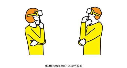 A man and a woman wearing goggles and thinking in a virtual reality space.