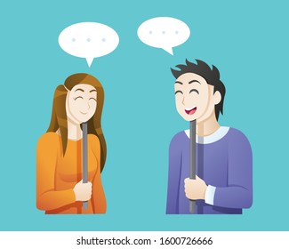 Man and woman wearing happy masks. Young man and woman talking with smiling masks hiding their true feelings