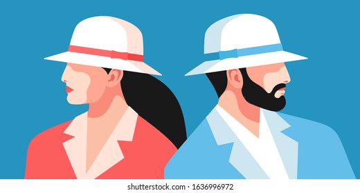 Man and woman wearing hats, back to back. Male and female portraits, side view. Vector illustration