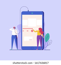 Man and woman wearing headphones and listening music or radio from phone. Concept of media player, mobile music app, listening podcast. Podcasting UI flat illustration for web banner in vector.