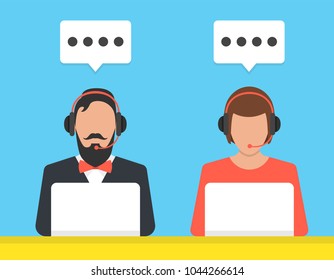 Man and woman wearing headsets conceptual of client services and communication. Call center service concept. Vector illustration.