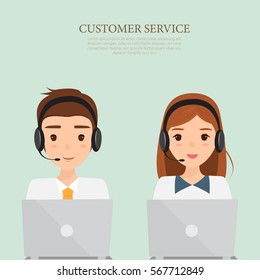 man and woman wearing headsets conceptual of client services and communication. call center service job character.