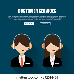 man and woman wearing headsets conceptual of client services and communication. customer service concept. modern flat designed vector illustration.