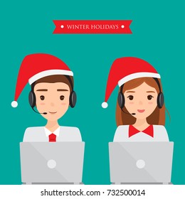 man and woman wearing headsets and santa claus hat conceptual of client services and communication. call center service job character.