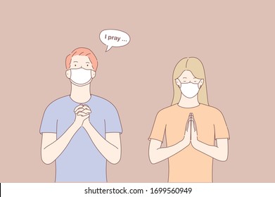 Man and woman wearing hygienic mask and saying prayer.Hand drawn style vector design illustrations.