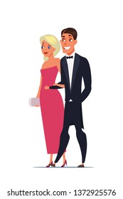 Man and woman wearing luxury outfits characters. Wife and husband at theater. Couple having date at opera, operetta. People at VIP event flat vector illustration. Celebrities at cinema premiere