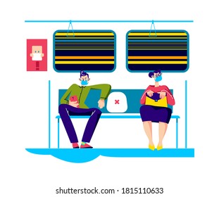 Man and woman wearing mask and keeping social distance in public transport for covid-19 prevention. People taking protective measures in underground. Vector illustration