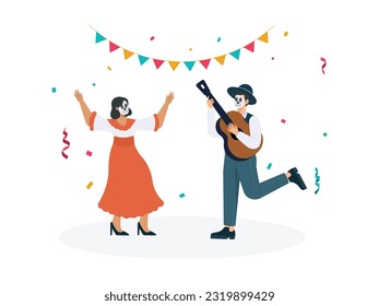 a man and a woman wearing a mask and the man playing his guitar, they dance together to the rhythm of the music, they take part in enlivening the festival held
flat design, vector illustration