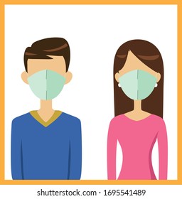 Man and woman wearing mask protect from covid19 flat illustration