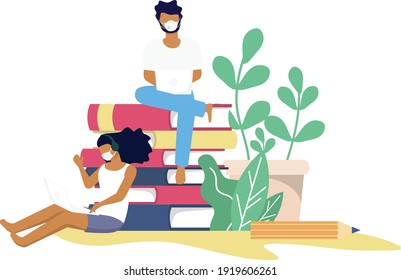 A man and a woman wearing mask while working or studying through online internet in covid19 corona virus outbreak situation, social distancing e learning online education