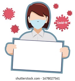 man and woman wearing masker and holding a white board for giving information about corona virus or covid 19 vector illustration