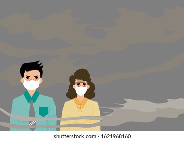 A man and a woman are wearing masks to avoiding PM 2.5 dust. His face is turn to red and looks unhappy. It’s showing how serious of the air pollution in Thailand and also in Asia.