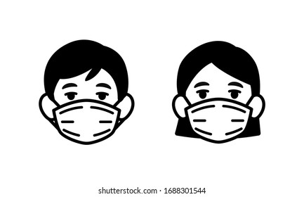 Man and Woman wearing medical face protection mask icon, face mask against coronavirus, allergy, pandemic epidemic infection and pollution concept, vector illustration icon.