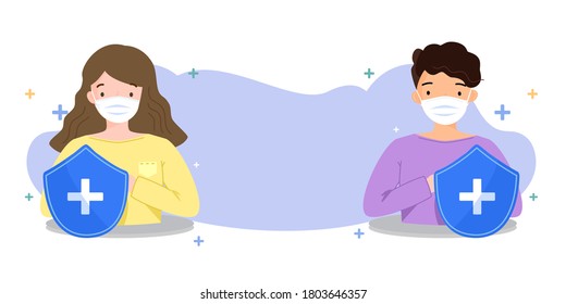 Man and woman wearing medical face mask or cloth covering to protect from Covid19. People holding protective shield in Coronavirus pandemic awareness and self care concept. Vector illustration