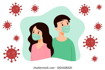 Man & Woman wearing medical face protection masks. Depressed people prevent disease, flu, pollution, contaminated air,  virus spread. Concept of coronavirus or Covid-19 quarantine vector illustration.