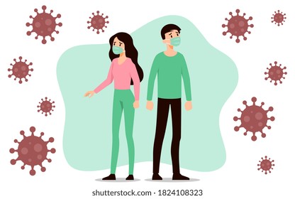 Man & Woman wearing medical face protection masks. Depressed people prevent disease, flu, pollution, contaminated air,  virus spread. Concept of coronavirus or Covid-19 quarantine vector illustration.