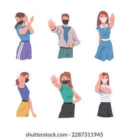 Man and Woman Wearing Medical Face Mask Showing Stop Virus Sign with Their Hands Vector Set