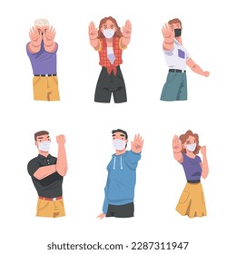 Man and Woman Wearing Medical Face Mask Showing Stop Virus Sign with Their Hands Vector Set