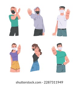 Man and Woman Wearing Medical Face Mask Showing Stop Virus Sign with Their Hands Vector Set