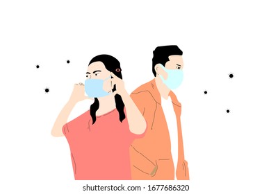 Man and woman wearing medical mask to prevent virus transmission. Covid 19 illustrative vector.