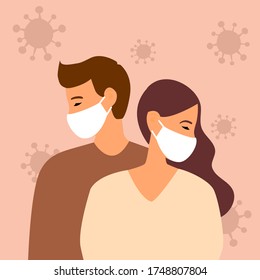 Man and woman wearing medical mask to prevent Covid-19 coronavirus disease pandemic outbreak. Healthcare concept vector illustration in flat design. 