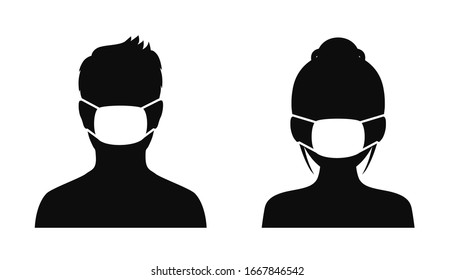 Man and woman wearing medical masks, protecting themselves against pandemic epidemic infection. Coronavirus - COVID-19, virus contamination, pollution, antivirus. Disposable medical mask icon.