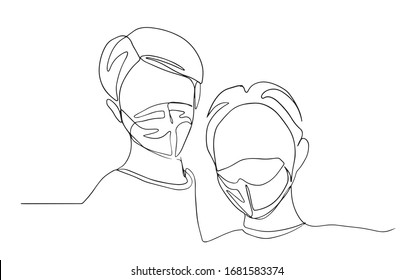 Hombre y mujer vistiendo máscaras médicas para prevenir enfermedades, gripe, contaminación del aire, aire contaminado, contaminación del mundo, dibujo de una línea... Ilustración vectorial. protección contra el coronavirus. COVID-19