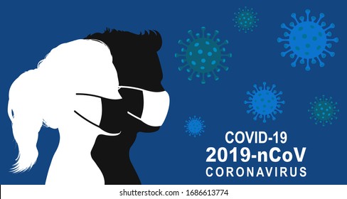 Man and woman wearing medical masks. Crowd of people protecting themselves against pandemic epidemic infection. Coron avirus - COVID-19, virus contamination, pollution, antivirus – vector