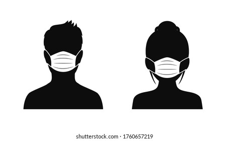 Man and woman wearing medical masks, protecting themselves against pandemic epidemic infection. Coronavirus - COVID-19, virus contamination, pollution, antivirus. Disposable medical mask icon