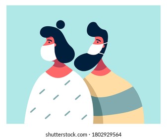 Man and woman wearing medical masks. Flat vector illustration.