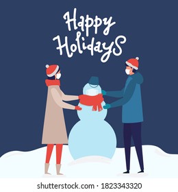 Man and woman wearing Medical masks to prevent virus Covid-19. They are making a snowman on snow landscape background. Modern people holiday design for xmas season. Merry Christmas happy new year winter illustration