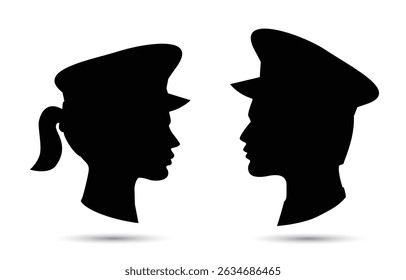 Man and woman wearing military hat vector icon isolated on white