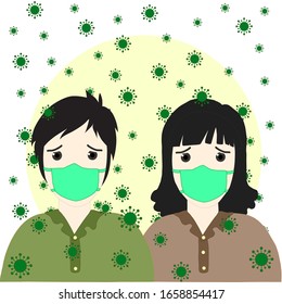 A man and a woman wearing a nose mask and there are viruses all around.vector illustration.