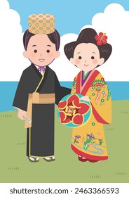 A man and a woman wearing Okinawan traditional kimono. Vector illustration with background