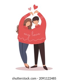 Man and woman wearing one sweater for two. Happy Valentine's Day card. Couple in love.  Characters for the feast of Saint Valentine. Banner. Cute couple isolated on white background.