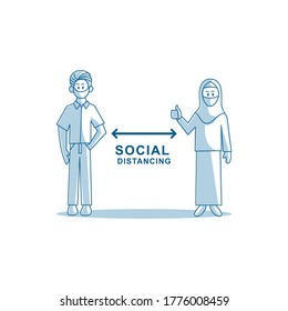 Man and woman wearing protective face mask social distancing