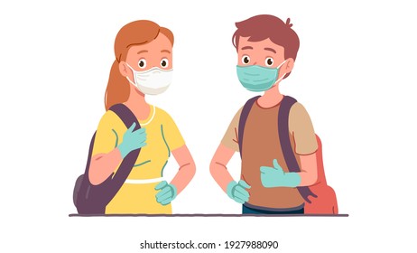 Hombre, mujer con máscaras protectoras y guantes. Persona sosteniendo la mochila mostrando el pulgar hacia arriba. Seguridad de la prevención de infecciones durante la pandemia del coronavirus. Ilustración vectorial plana del virus Corona