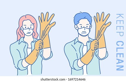 Man and woman wearing protective medical mask for protection from virus disease and putting rubber gloves. Infection control concept. Hand drawn in thin line style, vector illustrations.