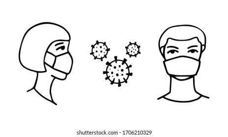 Man and woman wearing protective Medical mask for prevent Wuhan infection. Novel coronavirus 2019-nCoV. Virus symbol. Cell microbe. Prevention of covid. Global pandemic alert. Covid-19 outbreak.