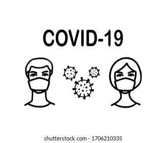 Man and woman wearing protective Medical mask for prevent Wuhan infection. Novel coronavirus 2019-nCoV. Virus symbol. Cell microbe. Prevention of covid. Global pandemic alert. Covid-19 outbreak.