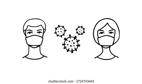 Man and woman wearing protective Medical mask for prevent Wuhan infection. Novel coronavirus 2019-nCoV. Virus symbol. Cell microbe. Prevention of covid. Global pandemic alert. Covid-19 outbreak.